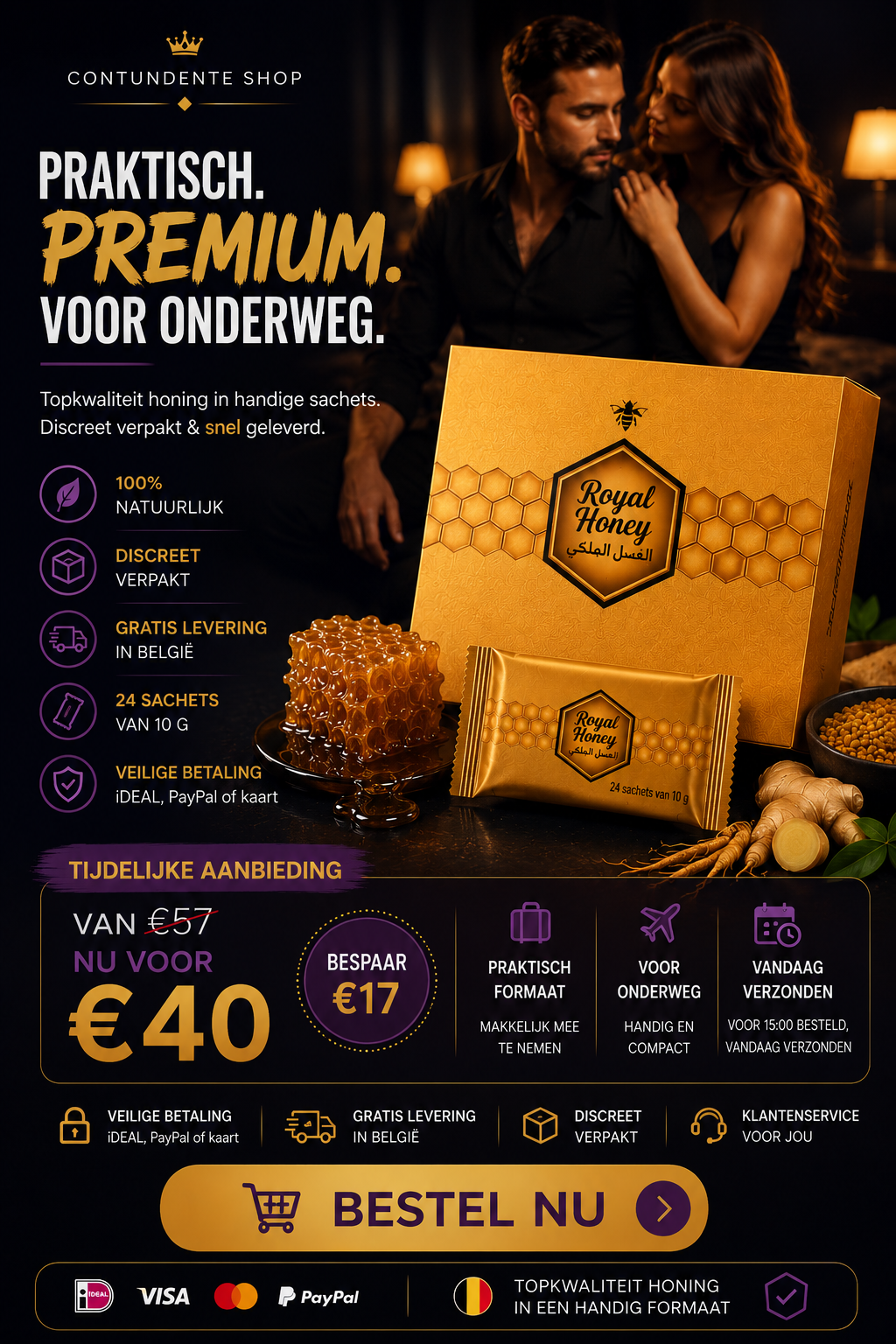 Premium honing 24 sachets — tijdelijk €40, gratis levering in België